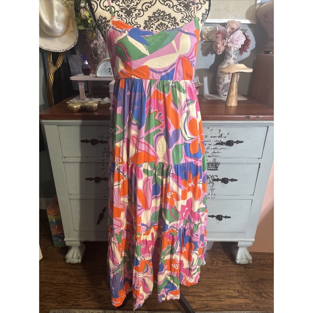Storia Babydoll Midi Dress Size Small Pink Purple Floral Boho Cottagecore.